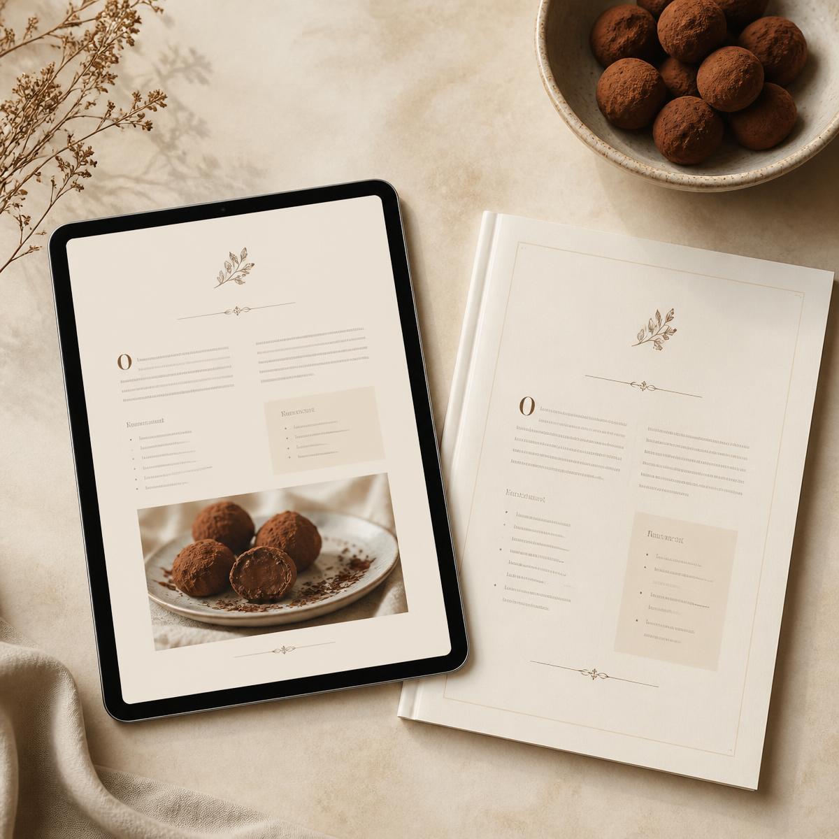 Ebook Receitas Sem Chama aberto em um tablet ao lado de um caderno de receitas impresso e trufas
