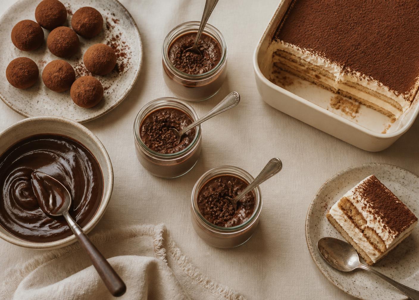 Brigadeiros de colher em potes de vidro, trufas de cacau, ganache e sobremesa gelada sobre mesa clara